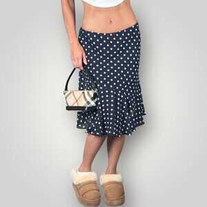 Chaps Navy Blue Polka Dot Ruffle Hem Skirt Lined Lightweight Retro Y2K Nautical